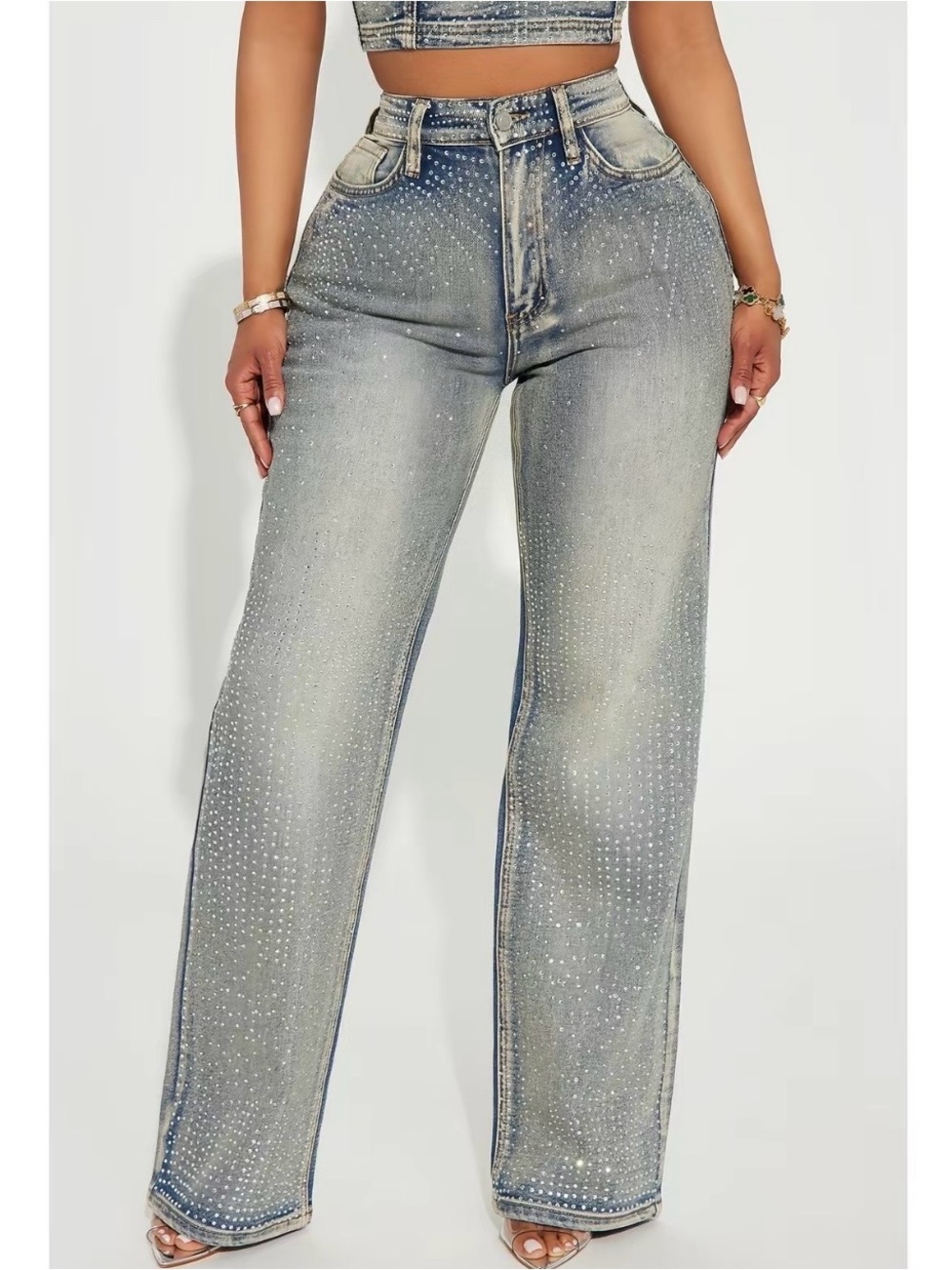 Fashion Nova Rhinestone Skinny Jeans - Faded Blue